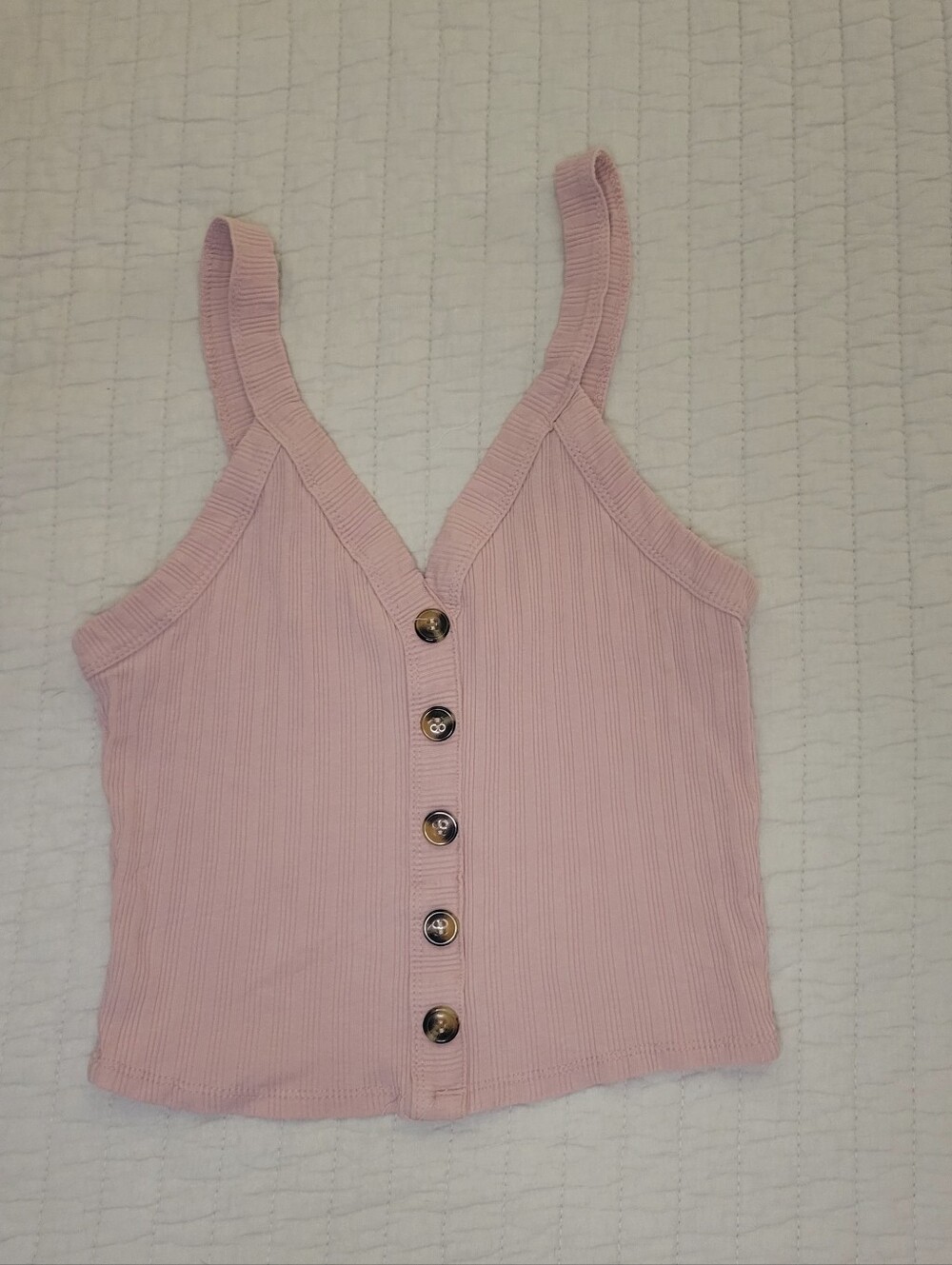 Ribbed Pink Button-Front Crop Tank With Button Detail
